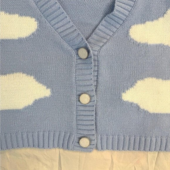 Baby Blue Cloudcore Print Cropped Cardigan Soft Knit Sweater - Picture 4 of 5